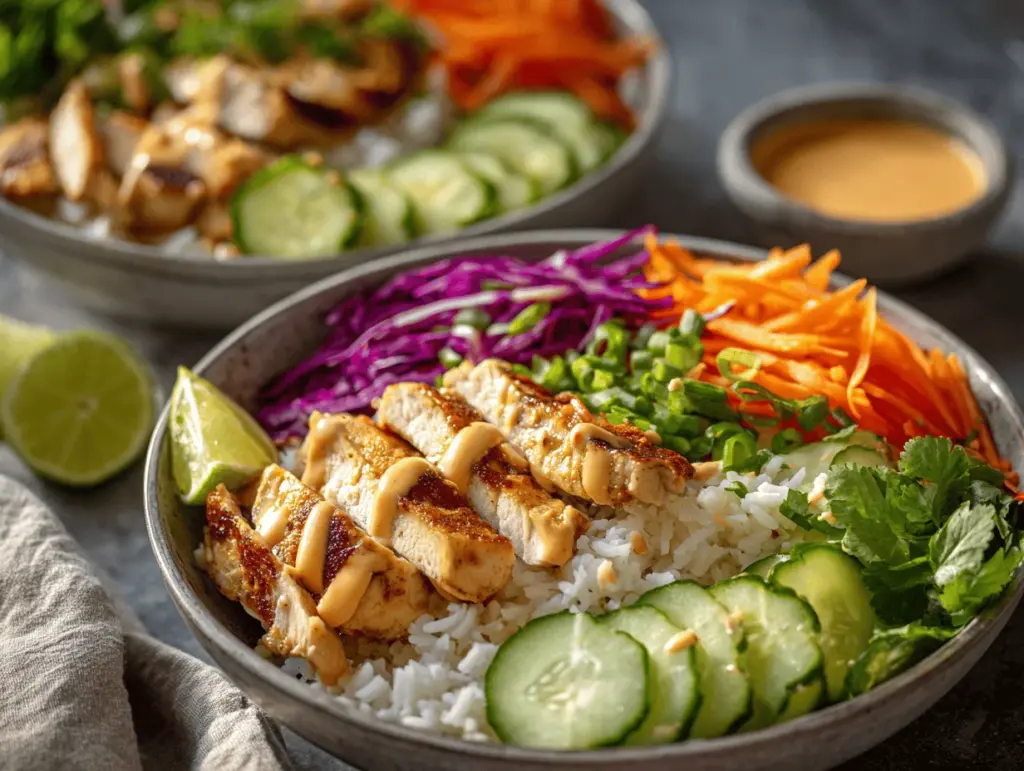 bang bang chicken rice bowls - featured image