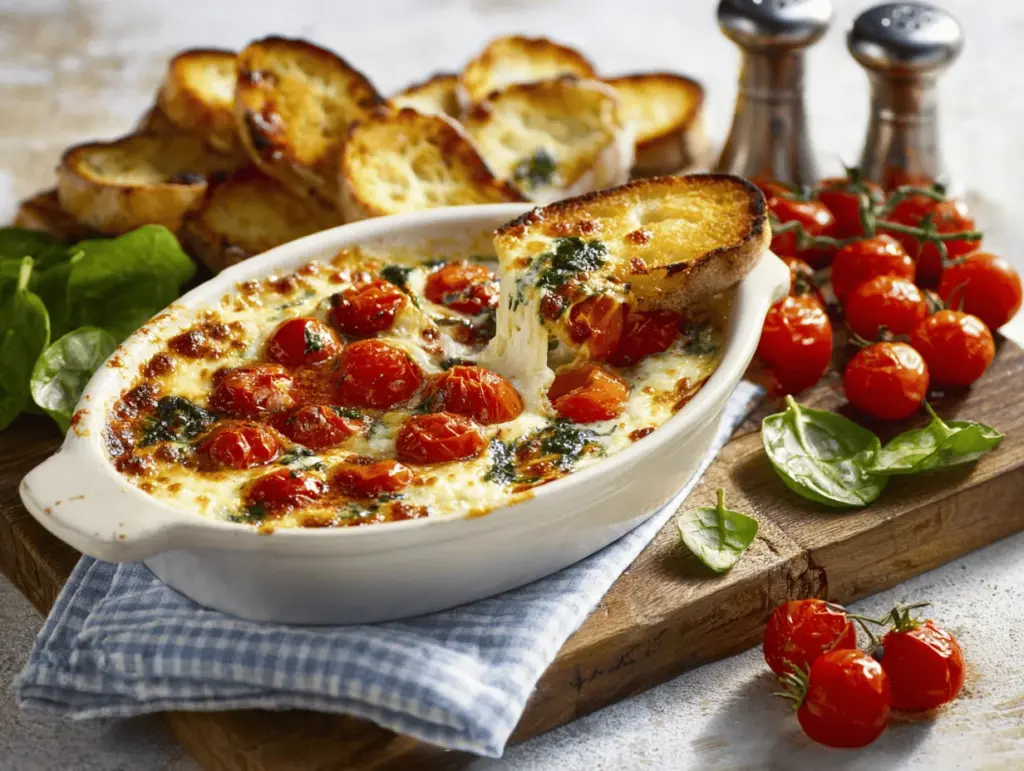 cheesy baked caprese dip - featured image