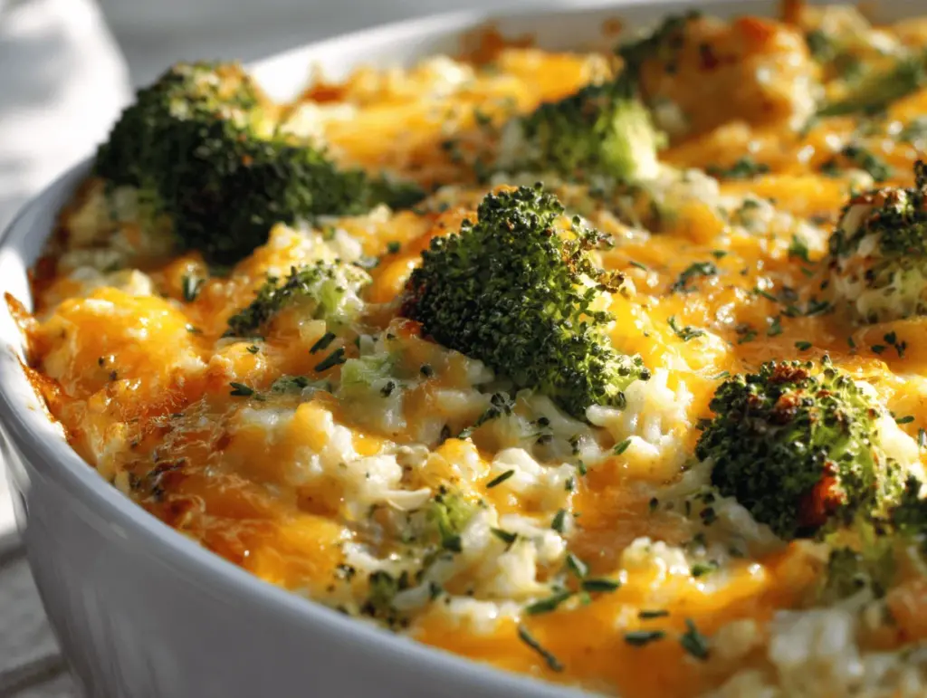 loaded chicken bacon ranch broccoli rice casserole - featured image