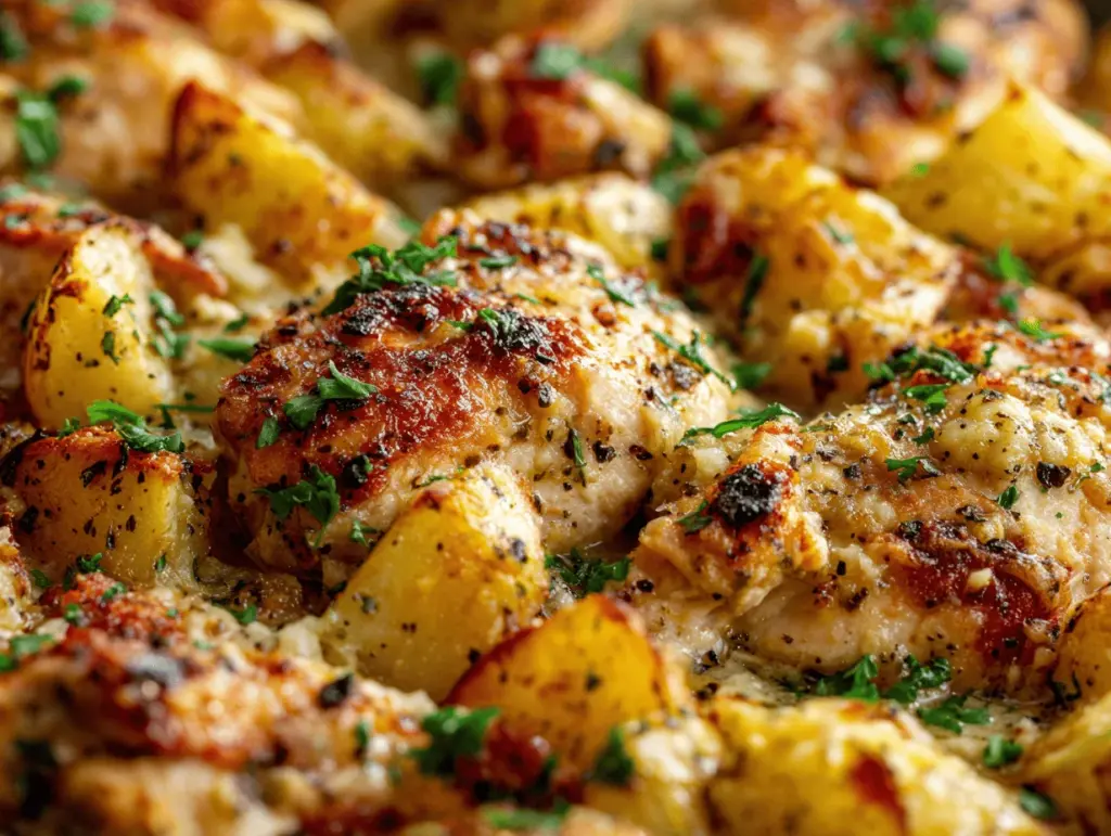 loaded ranch garlic parmesan chicken and potatoes bake - featured image