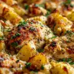 loaded ranch garlic parmesan chicken and potatoes bake - featured image