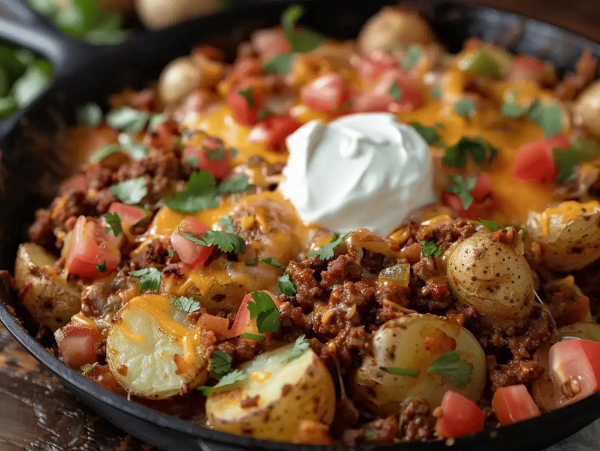 loaded taco potato skillet bake preparation steps