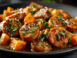 sheet pan honey garlic sausage bake - featured image