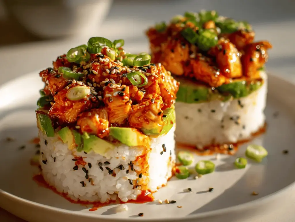 spicy chicken avocado sushi stacks - featured image