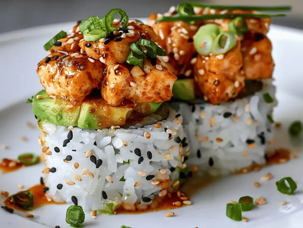 spicy chicken avocado sushi stacks preparation steps