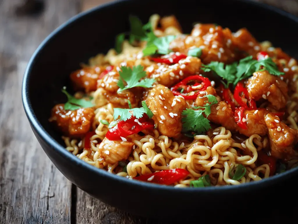 spicy honey garlic chicken ramen stir fry - featured image