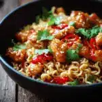 spicy honey garlic chicken ramen stir fry - featured image