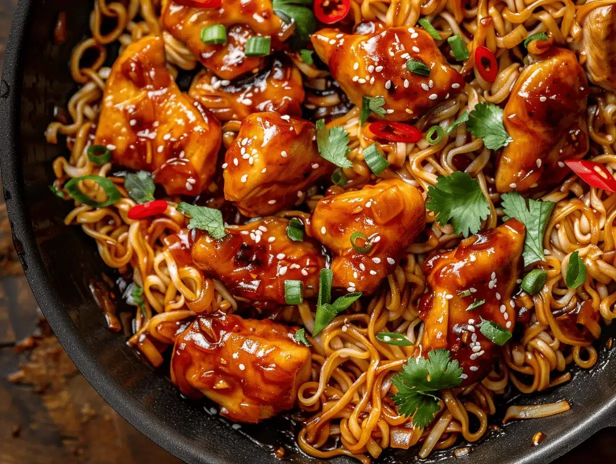 spicy honey garlic chicken ramen stir fry preparation steps