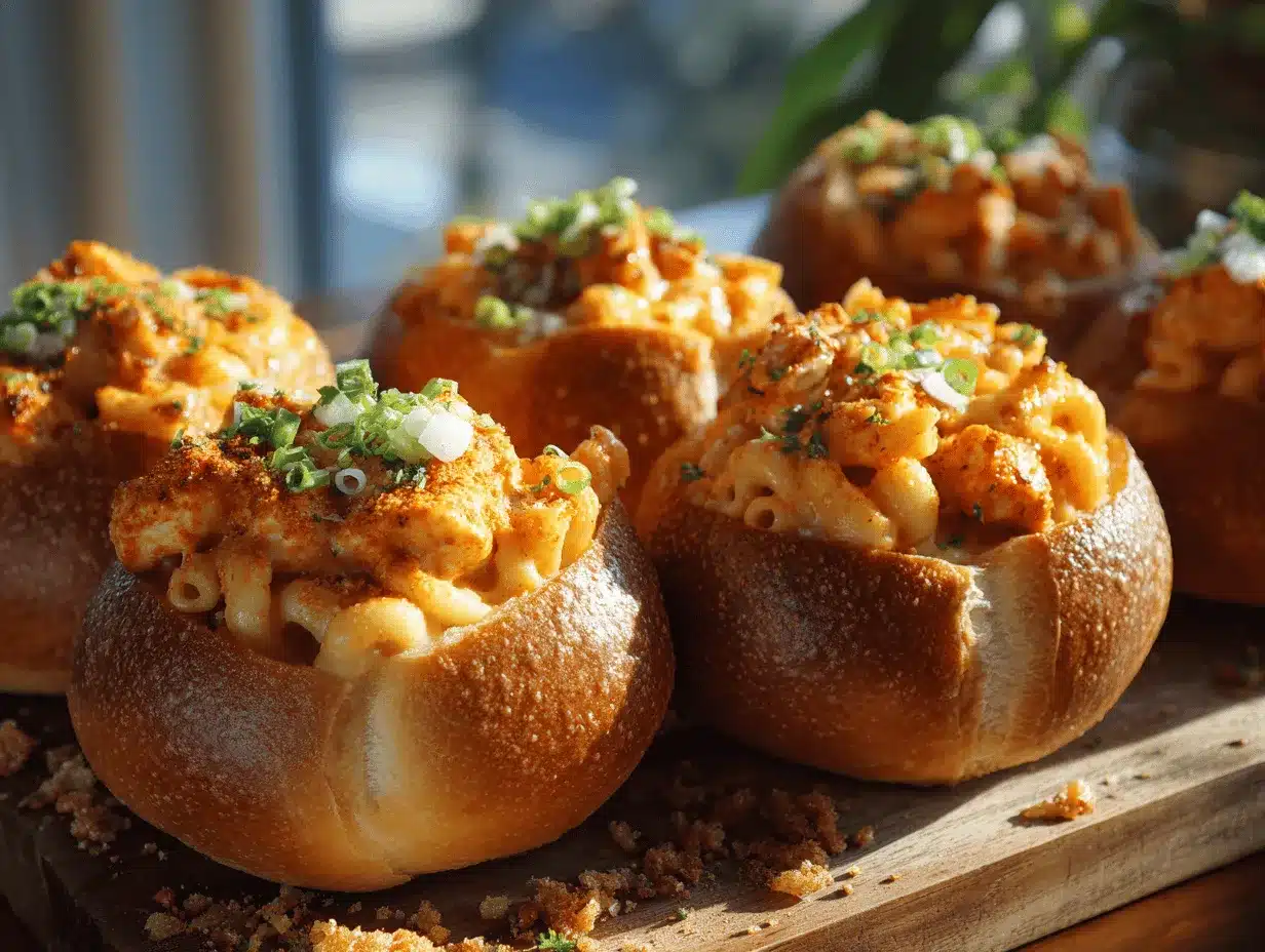 Buffalo Chicken Mac and Cheese Bread Bowls preparation steps