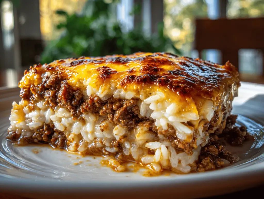 cheesy ground beef rice casserole - featured image
