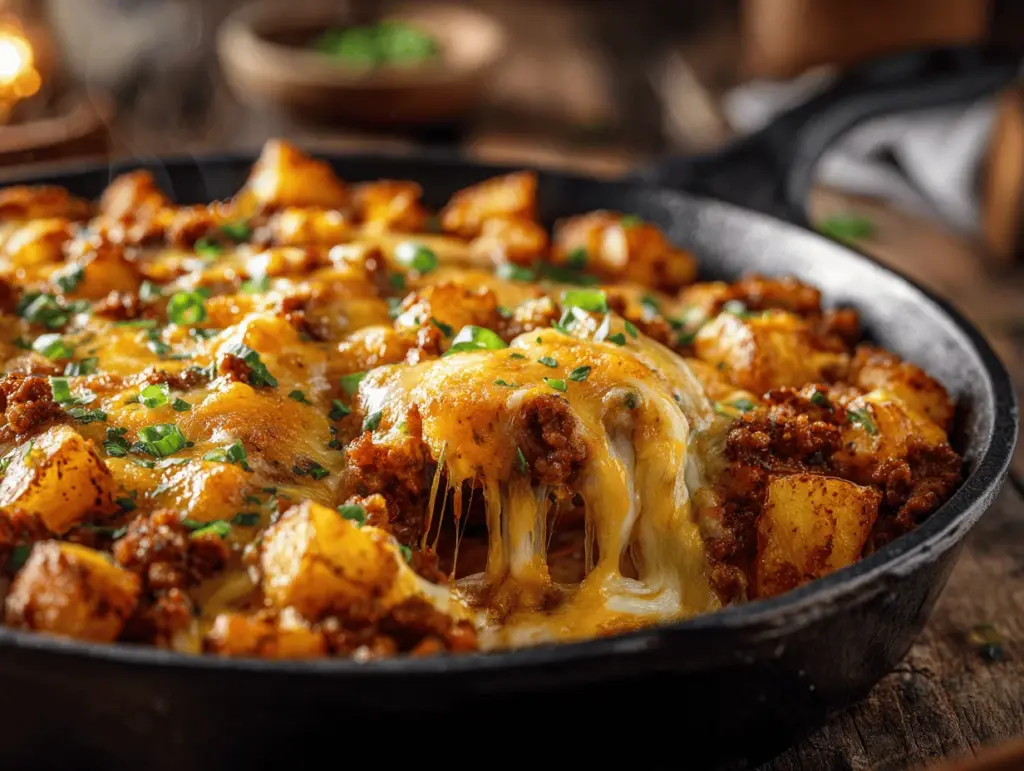 cheesy ground turkey and potato skillet bake - featured image