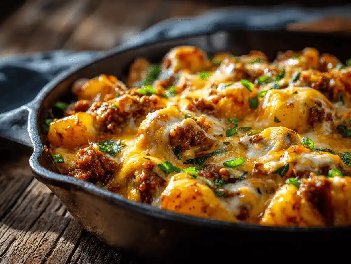 cheesy ground turkey and potato skillet bake preparation steps