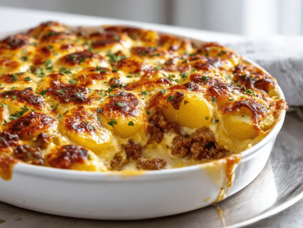 cheesy loaded ranch potato and beef casserole - featured image