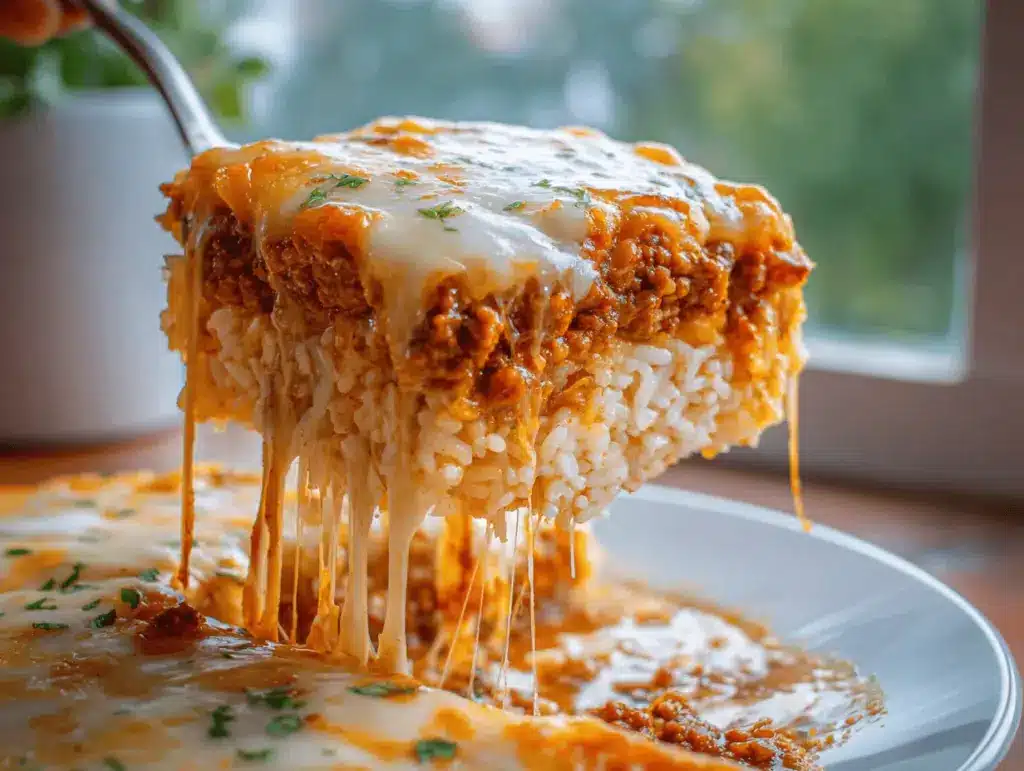 cheesy taco ground beef and rice casserole - featured image