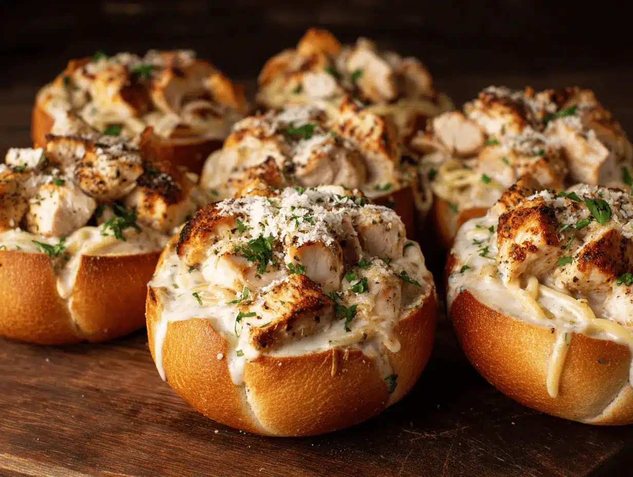 chicken Alfredo garlic bread bowls preparation steps