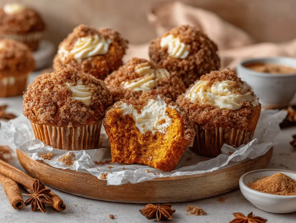 cinnamon streusel pumpkin cream cheese muffins - featured image