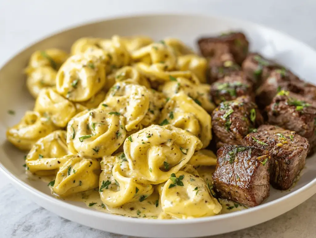 creamy garlic herb steak tortellini skillet - featured image
