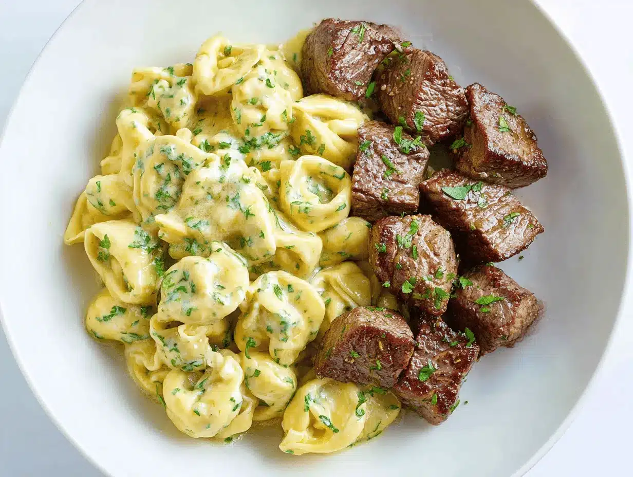 creamy garlic herb steak tortellini skillet preparation steps