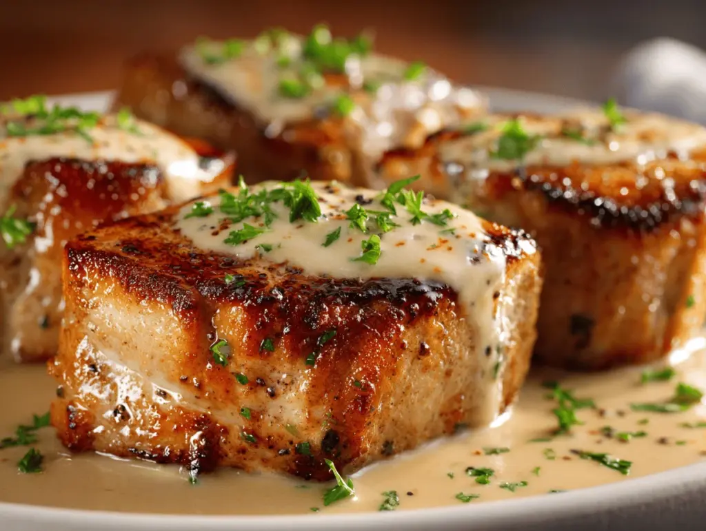 creamy garlic parmesan stuffed pork chops - featured image