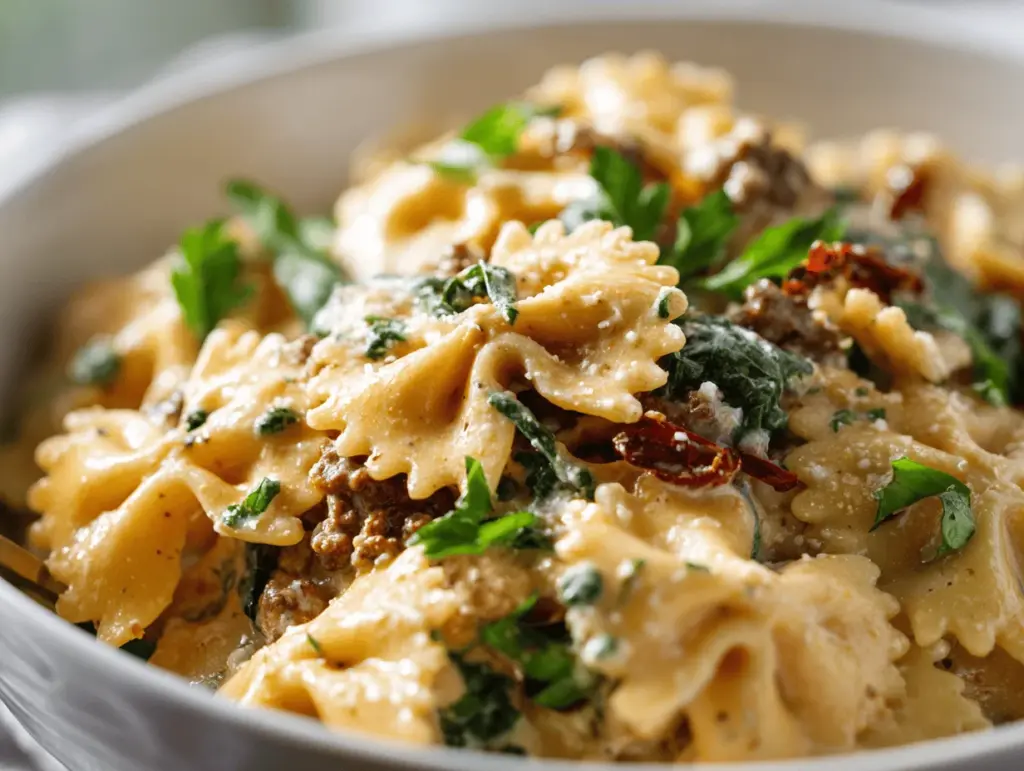 Creamy Tuscan Beef Bowtie Pasta Bake - featured image