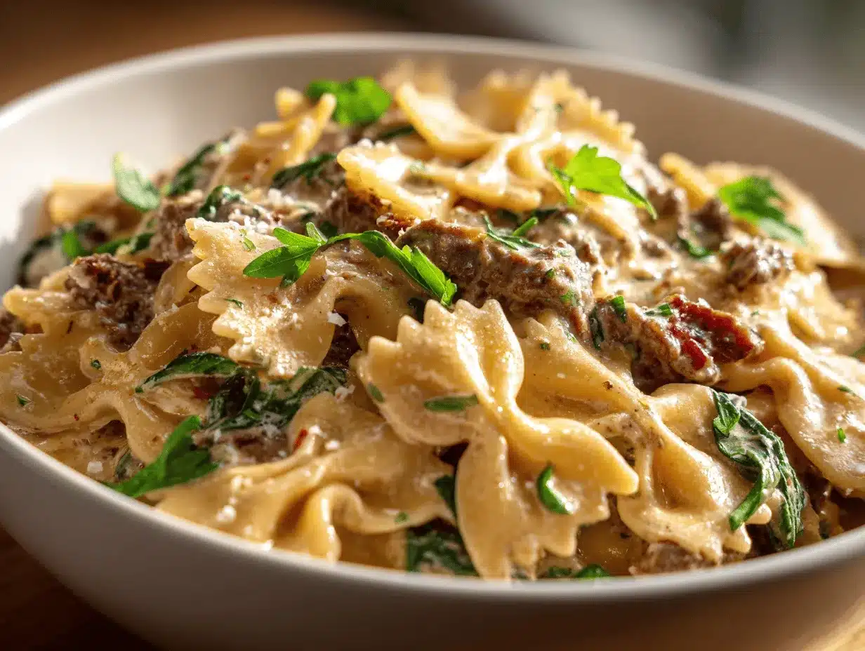 Creamy Tuscan Beef Bowtie Pasta Bake preparation steps