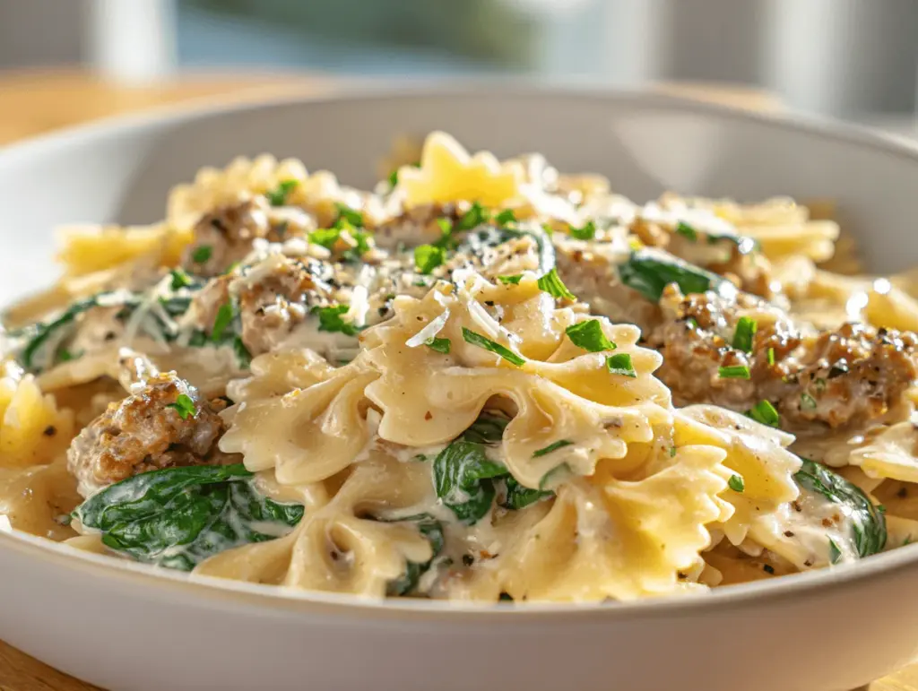 creamy Tuscan sausage and spinach bowtie pasta - featured image