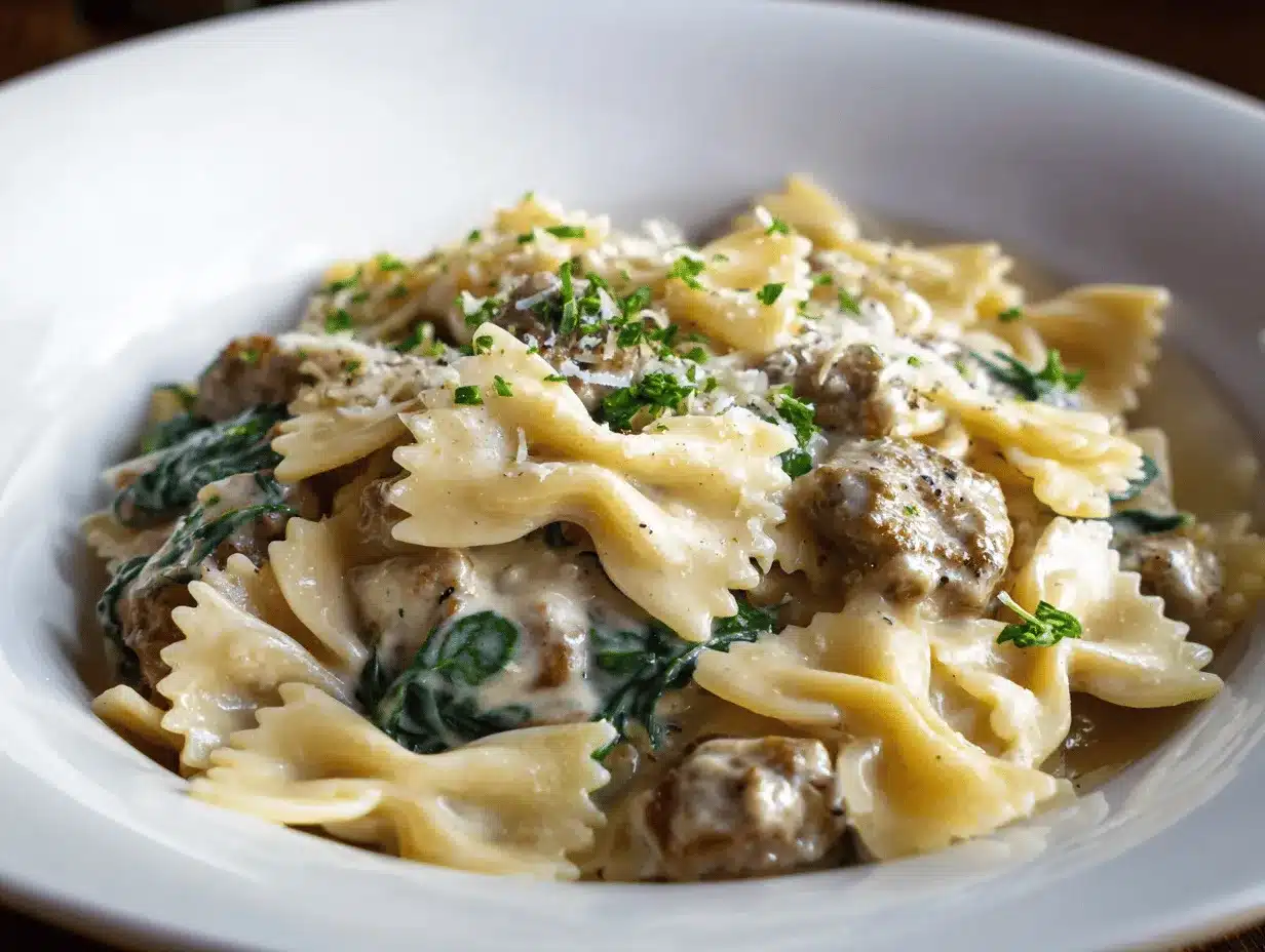 creamy Tuscan sausage and spinach bowtie pasta preparation steps
