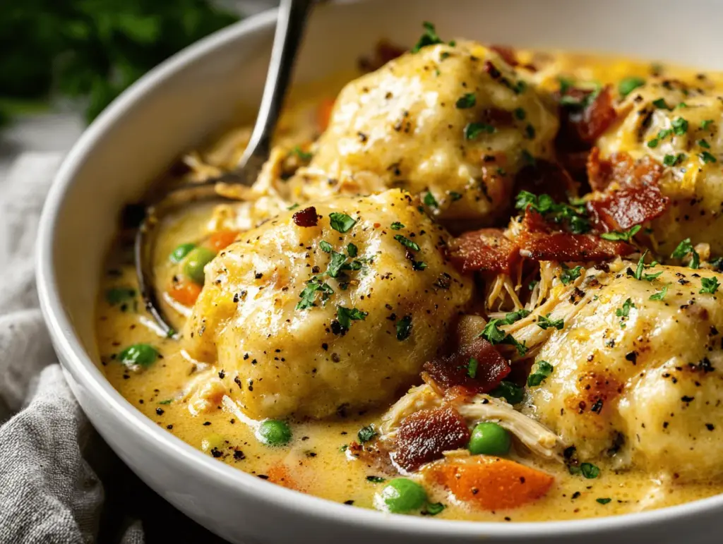crockpot cheddar bacon chicken and dumplings - featured image