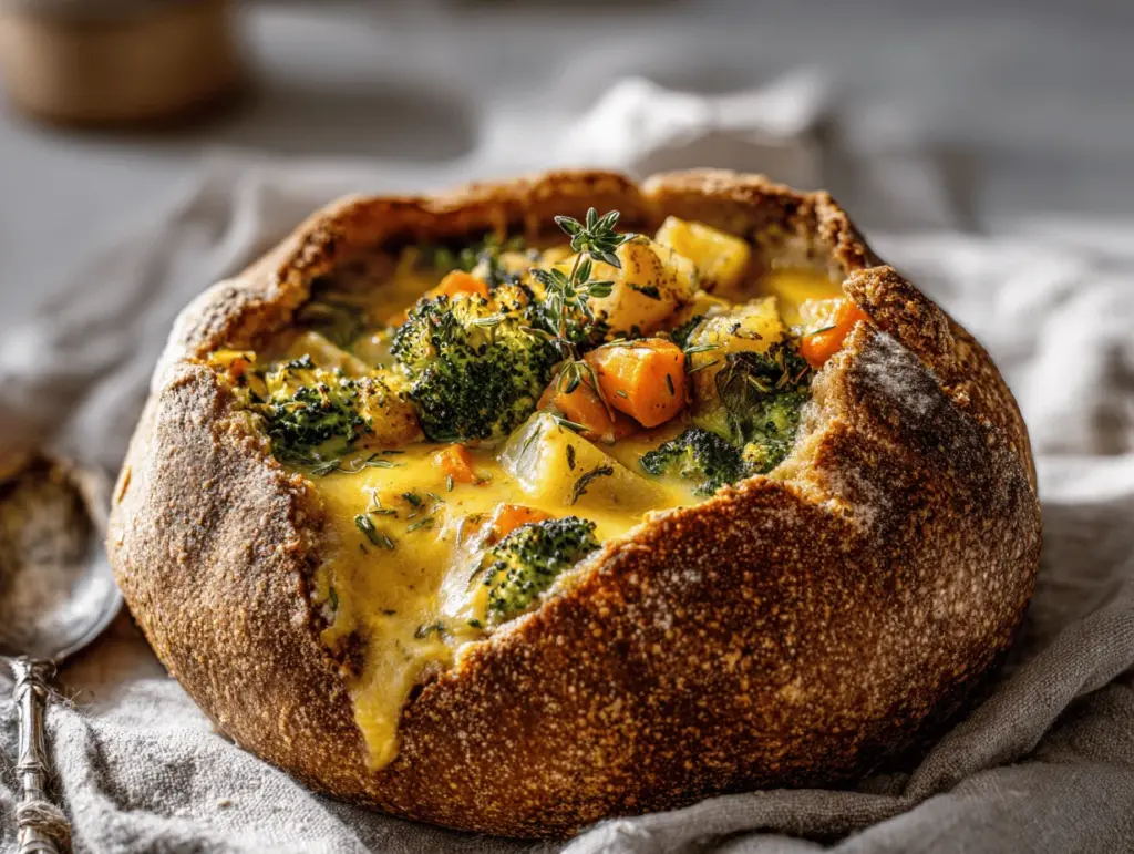 loaded broccoli cheddar potato soup in bread bowl - featured image