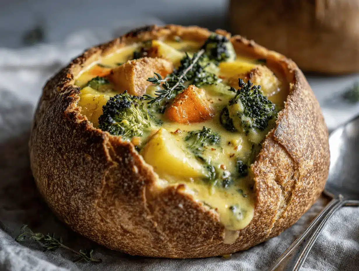 loaded broccoli cheddar potato soup in bread bowl preparation steps