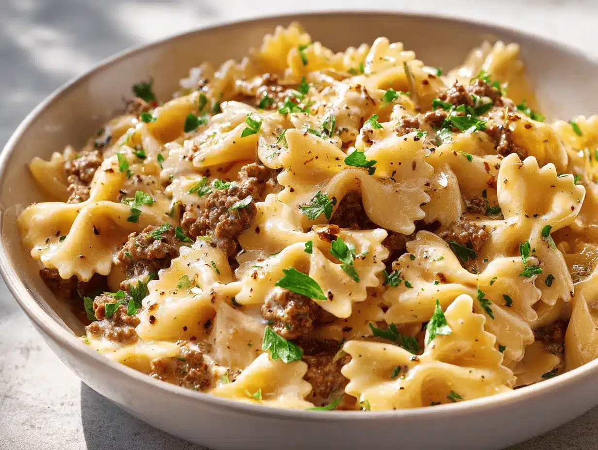 parmesan garlic beef bowtie pasta preparation steps