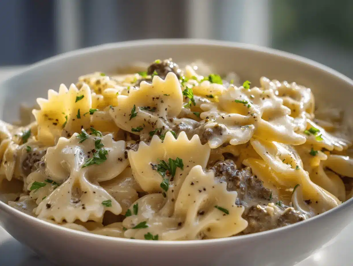 Parmesan Garlic Beef Bowtie Pasta preparation steps