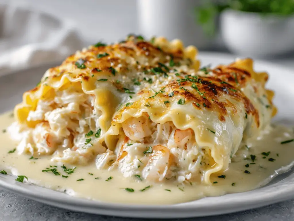 shrimp and crab Alfredo lasagna roll-ups - featured image