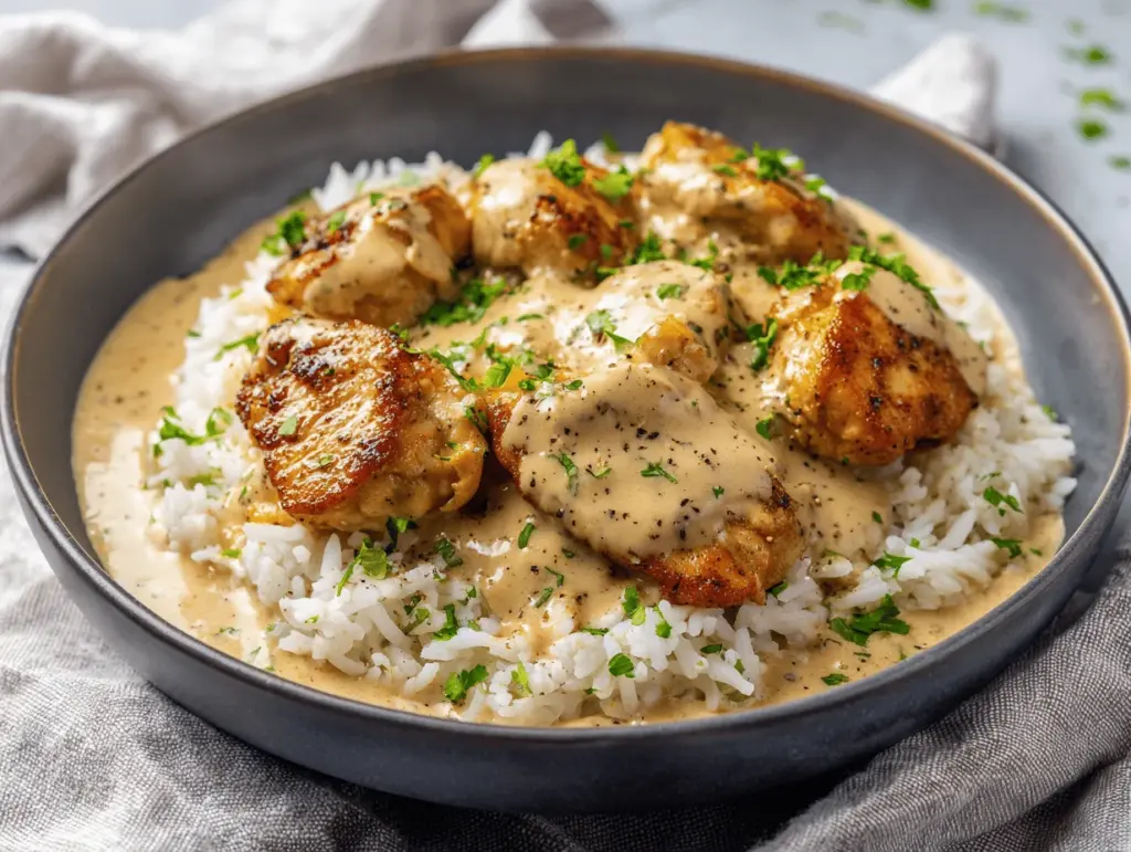 smothered chicken and rice - featured image