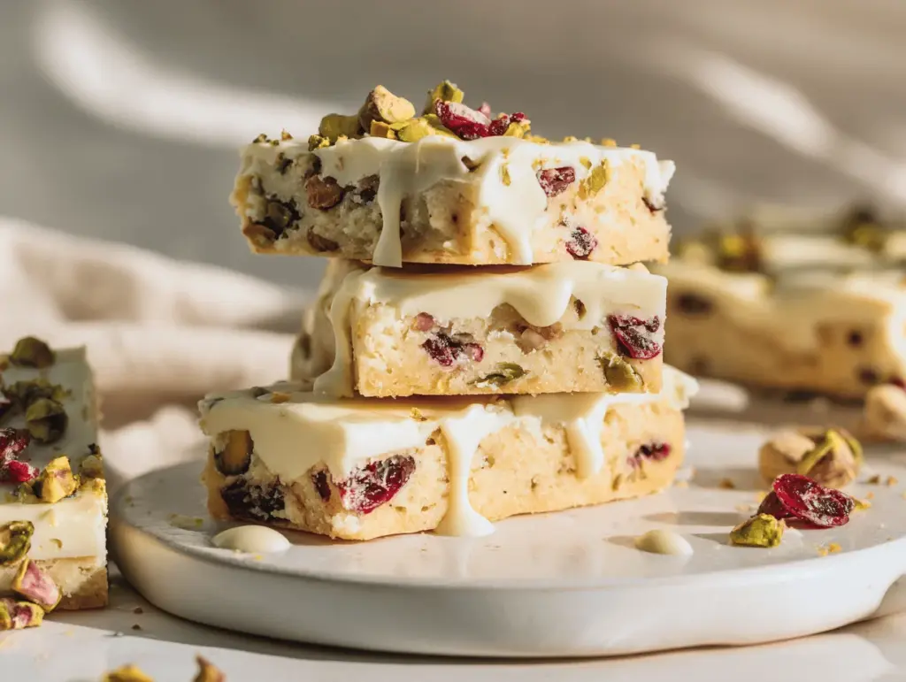 white chocolate cranberry pistachio shortbread bars - featured image