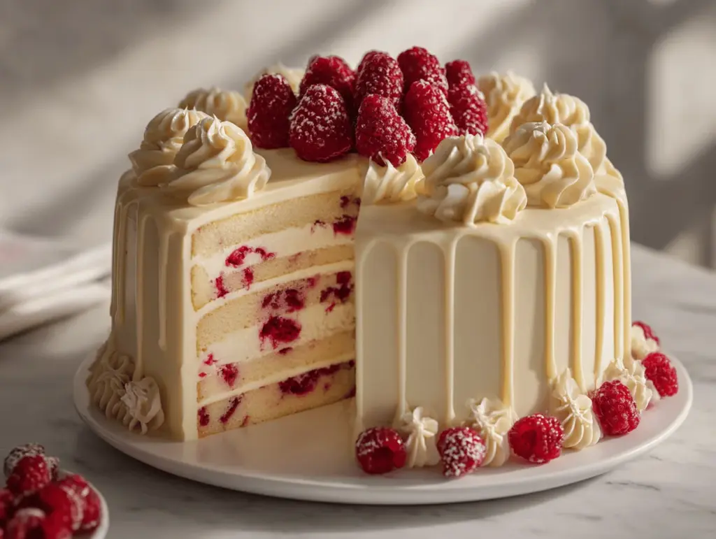 white chocolate raspberry cake - featured image