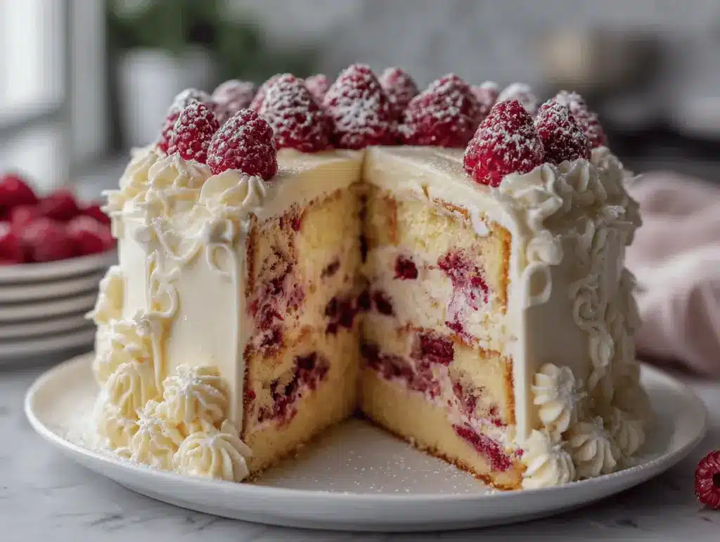white chocolate raspberry cheesecake cake - featured image