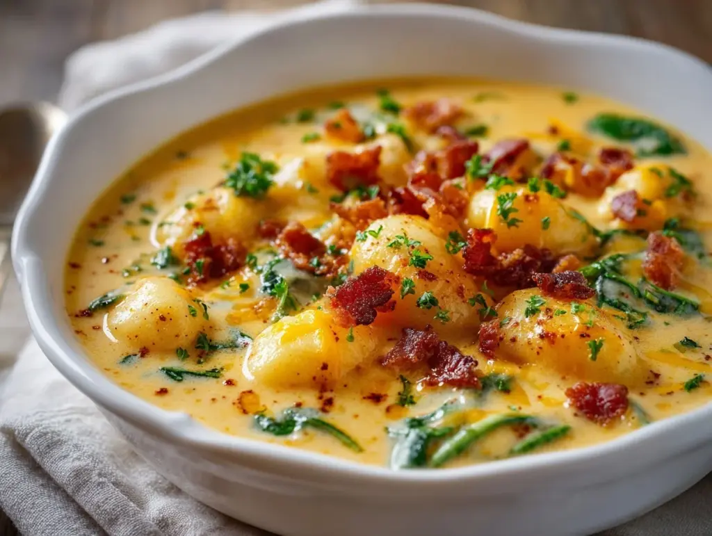 bacon cheddar gnocchi soup - featured image