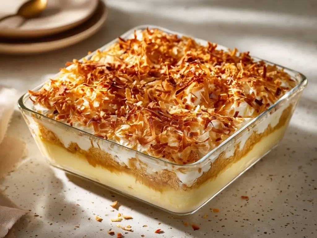 caramel coconut cream poke cake - featured image