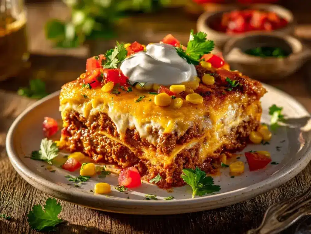cheesy taco lasagna casserole - featured image