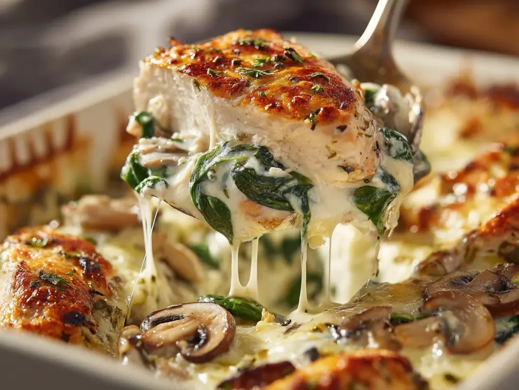 creamy chicken spinach mushroom casserole - featured image
