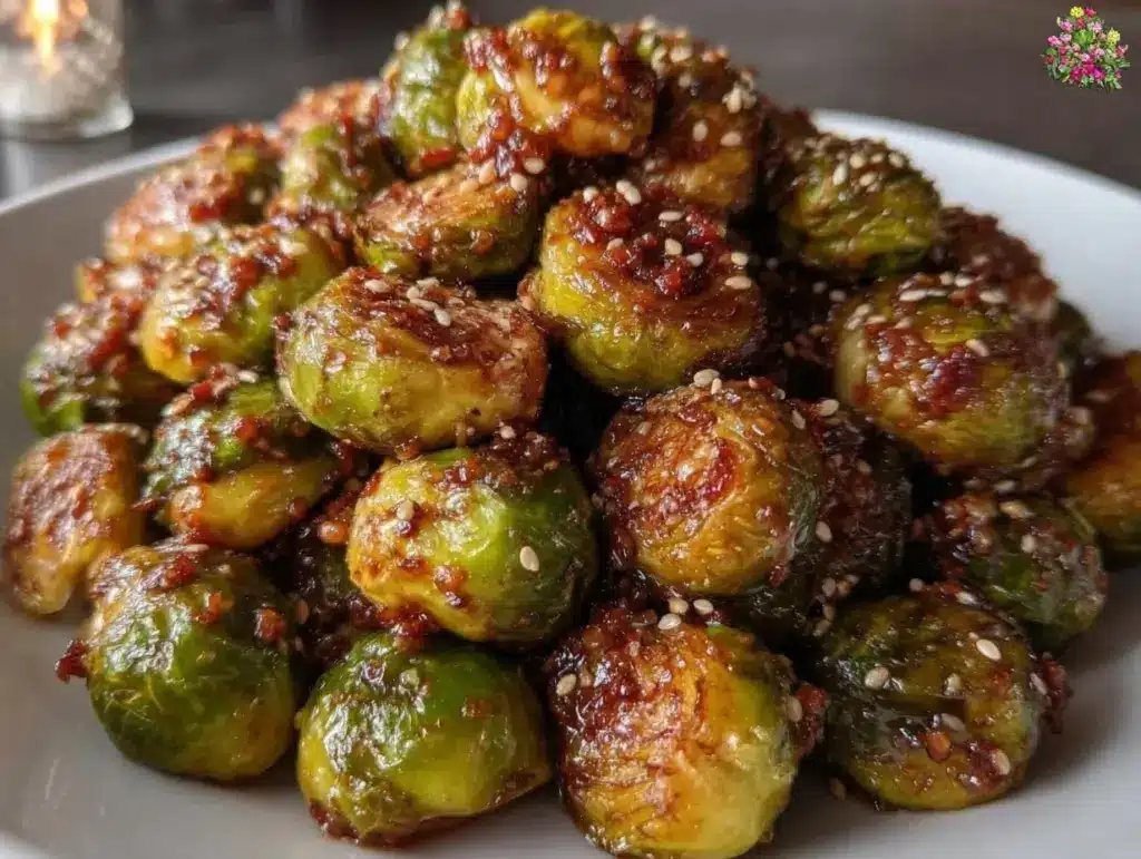 crispy honey garlic roasted brussels sprouts - featured image