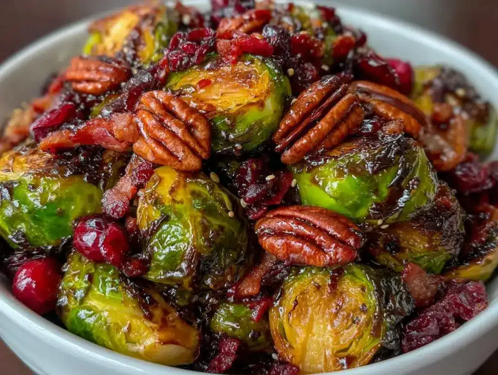 savory brussels sprouts with bacon pecans cranberries - featured image