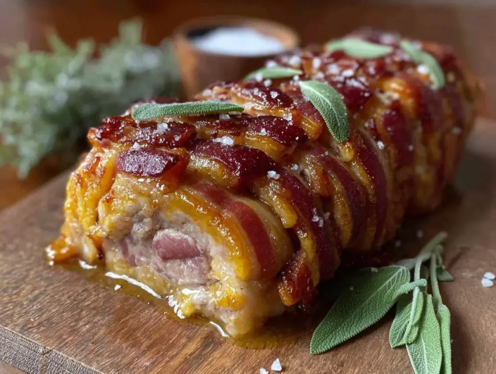 bacon wrapped pork loin with sage - featured image
