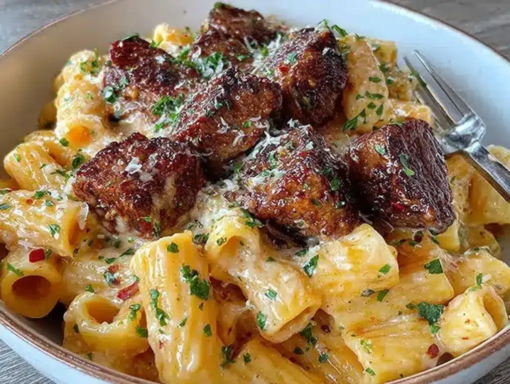 Cajun steak tips rigatoni parmesan sauce - featured image