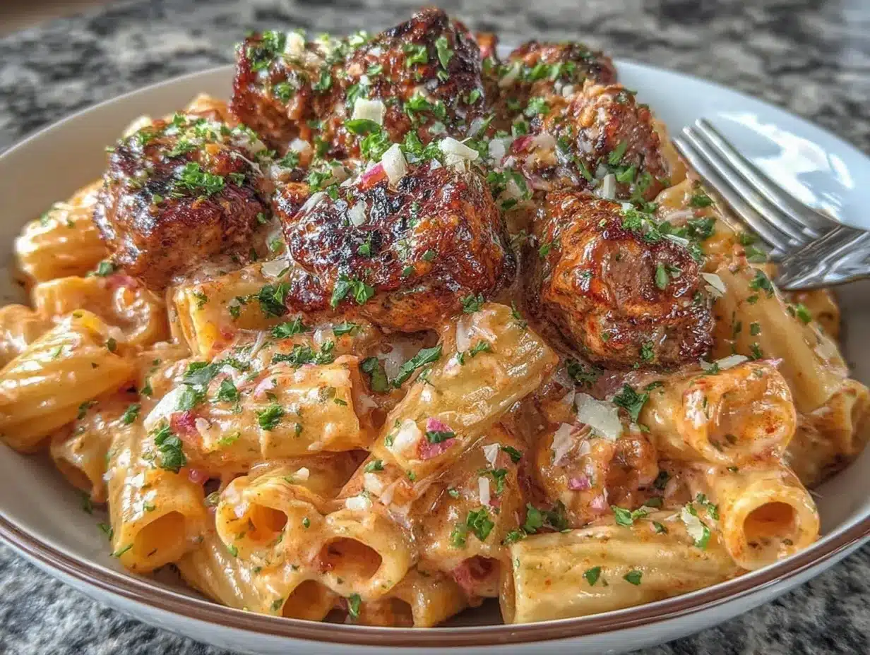 Cajun steak tips rigatoni parmesan sauce preparation steps