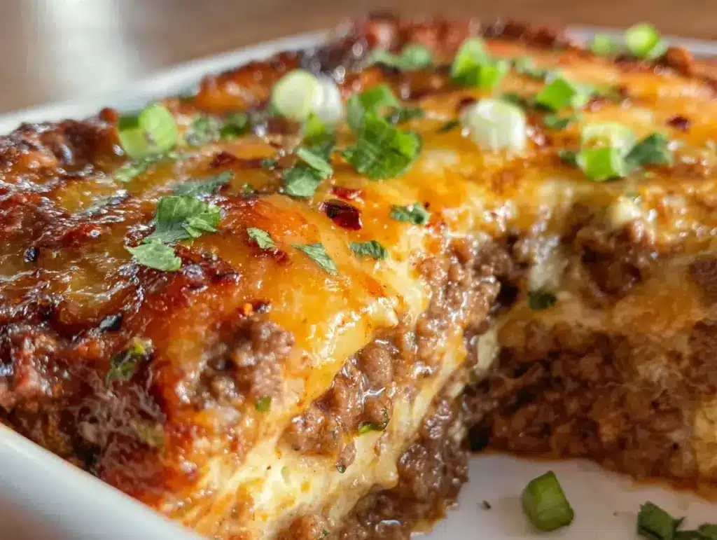 cheesy beef enchilada casserole - featured image