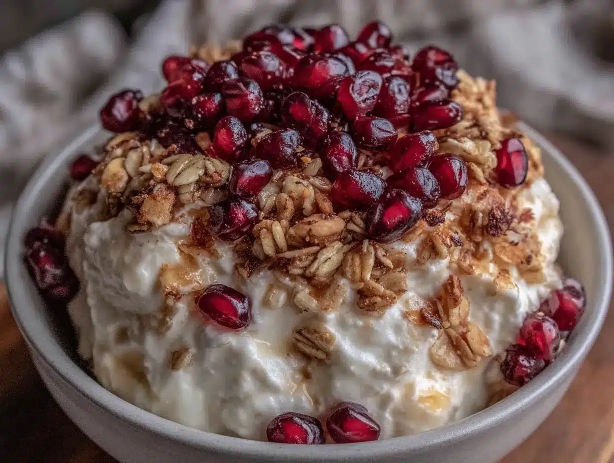 cottage cheese bowl with pomegranate and granola preparation steps