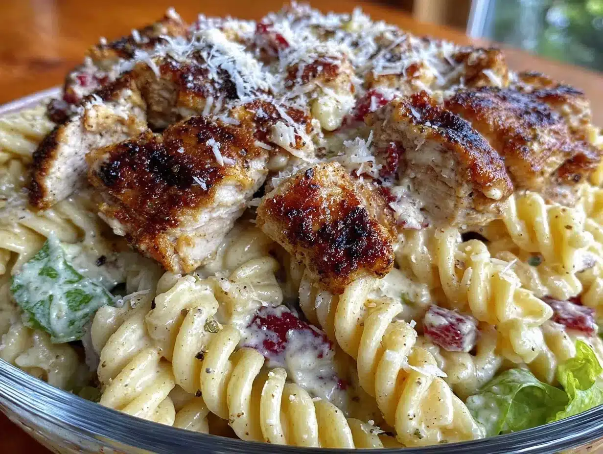 creamy chicken Caesar pasta salad preparation steps