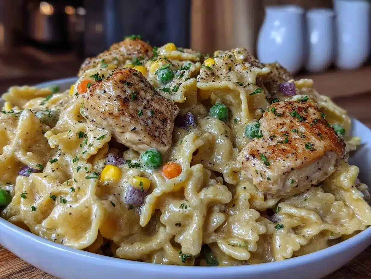 creamy chicken pot pie pasta preparation steps